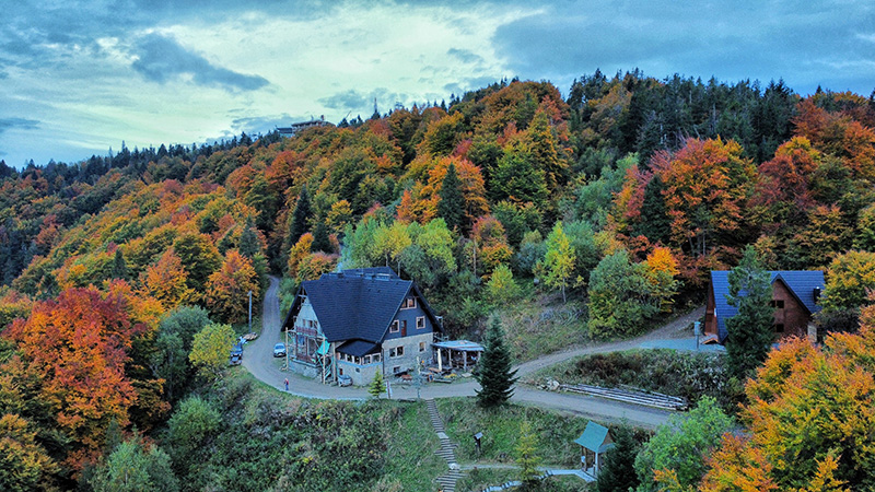 widać zbocze góry pokryte lasem, drzewa wielu kolorach jesieni, na środku stoi schronisko, budynek z czarnym dachem